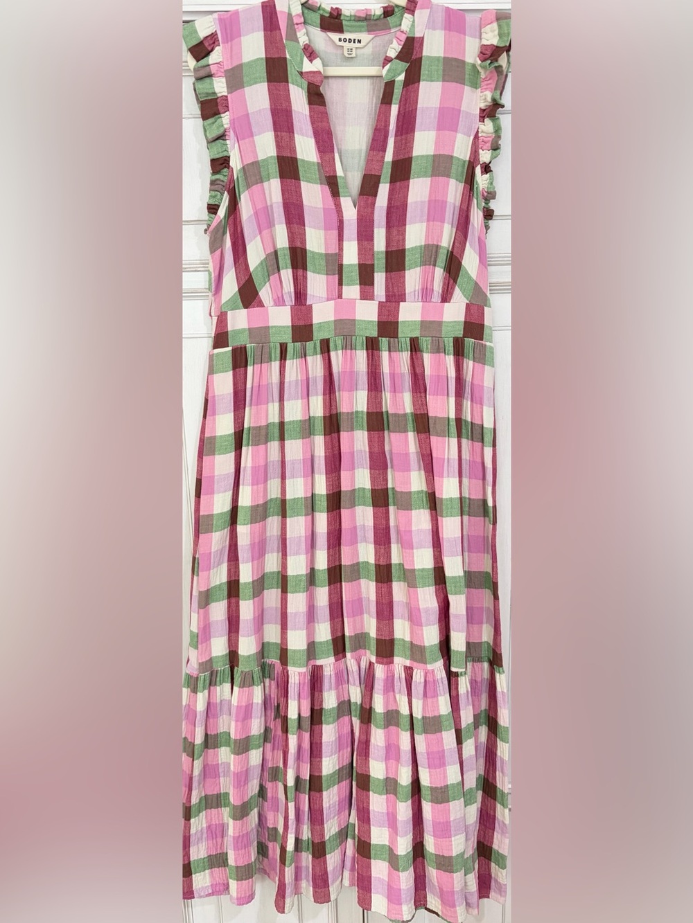 PRELOVED SZ 14 Boden Pink Green Plaid Tiered Midi Dress